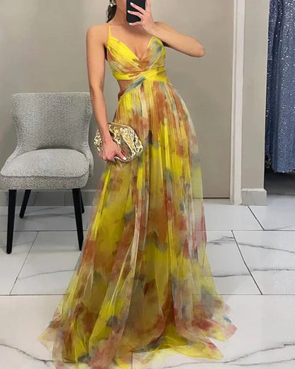 Women’s Spaghetti Strap Maxi Dress with V-Neck and Printed Skirt