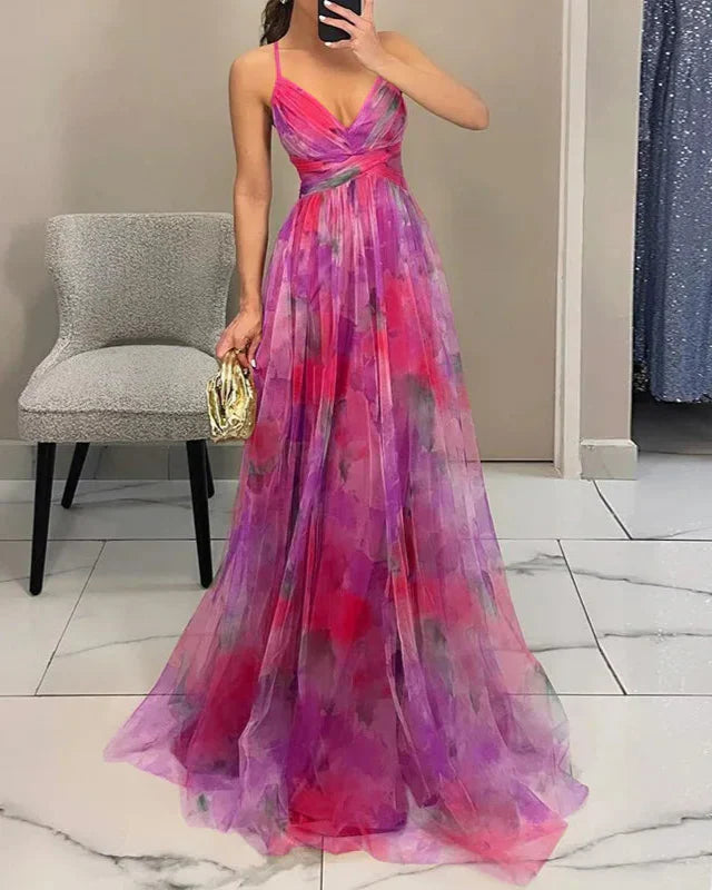 Women’s Spaghetti Strap Maxi Dress with V-Neck and Printed Skirt