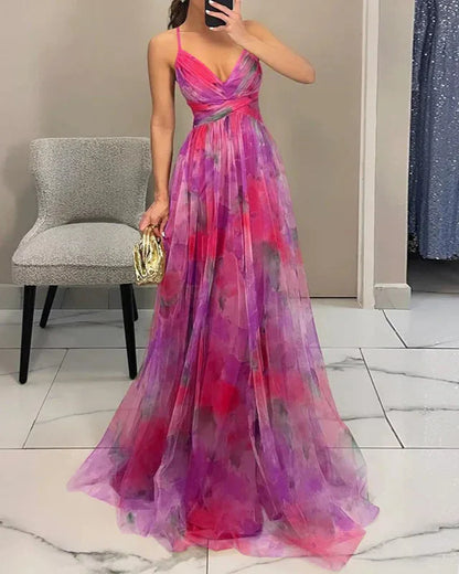 Women’s Spaghetti Strap Maxi Dress with V-Neck and Printed Skirt