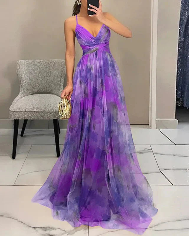 Women’s Spaghetti Strap Maxi Dress with V-Neck and Printed Skirt