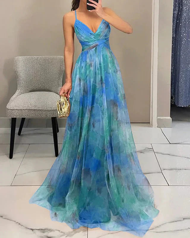 Women’s Spaghetti Strap Maxi Dress with V-Neck and Printed Skirt