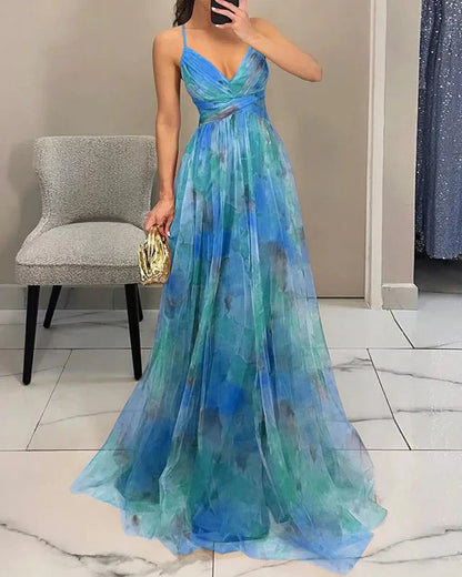 Women’s Spaghetti Strap Maxi Dress with V-Neck and Printed Skirt