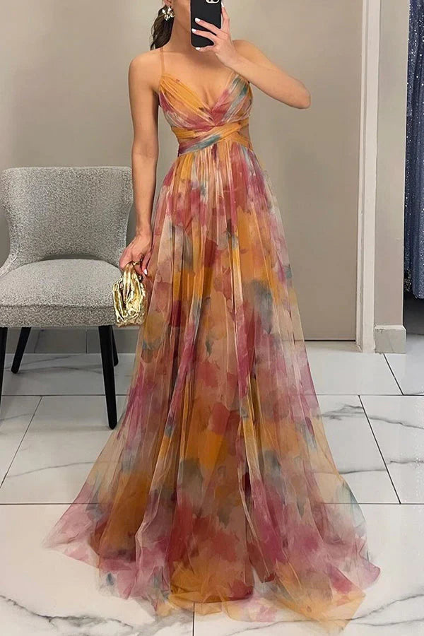 Women’s Spaghetti Strap Maxi Dress with V-Neck and Printed Skirt