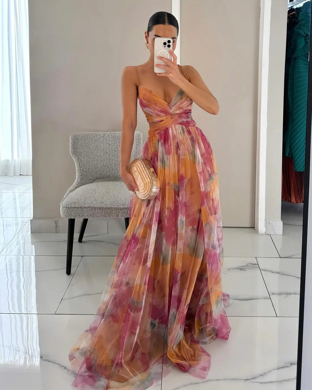 Women’s Spaghetti Strap Maxi Dress with V-Neck and Printed Skirt