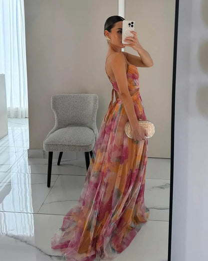 Women’s Spaghetti Strap Maxi Dress with V-Neck and Printed Skirt