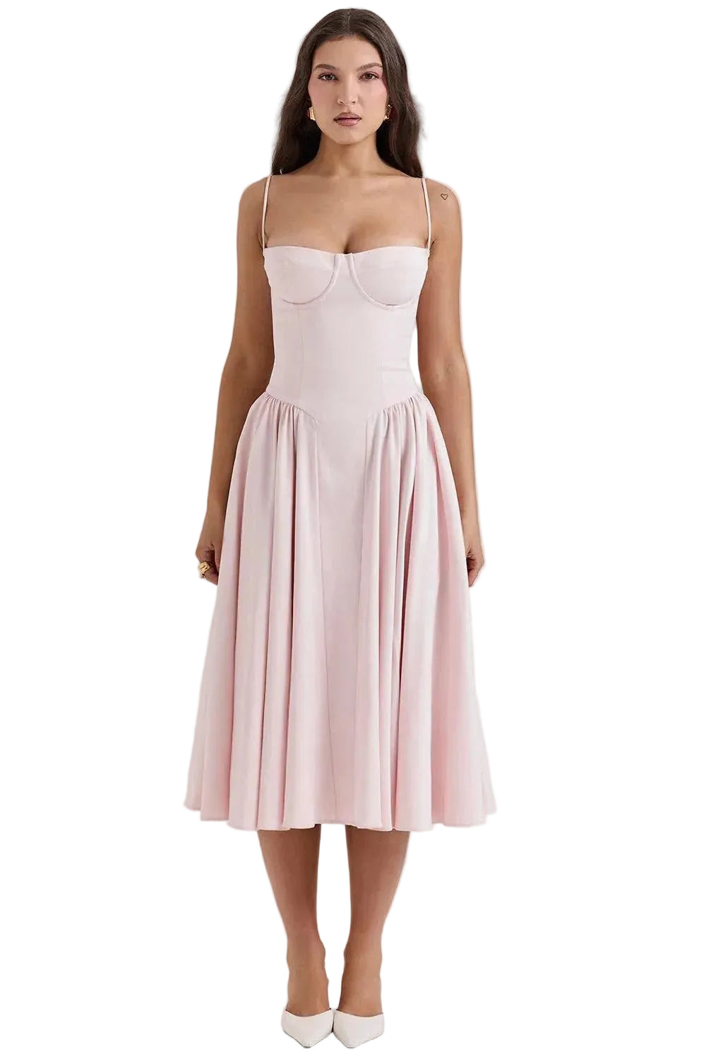 Women’s Spaghetti Strap Midi Dress with Sweetheart Neckline and Pleated Skirt
