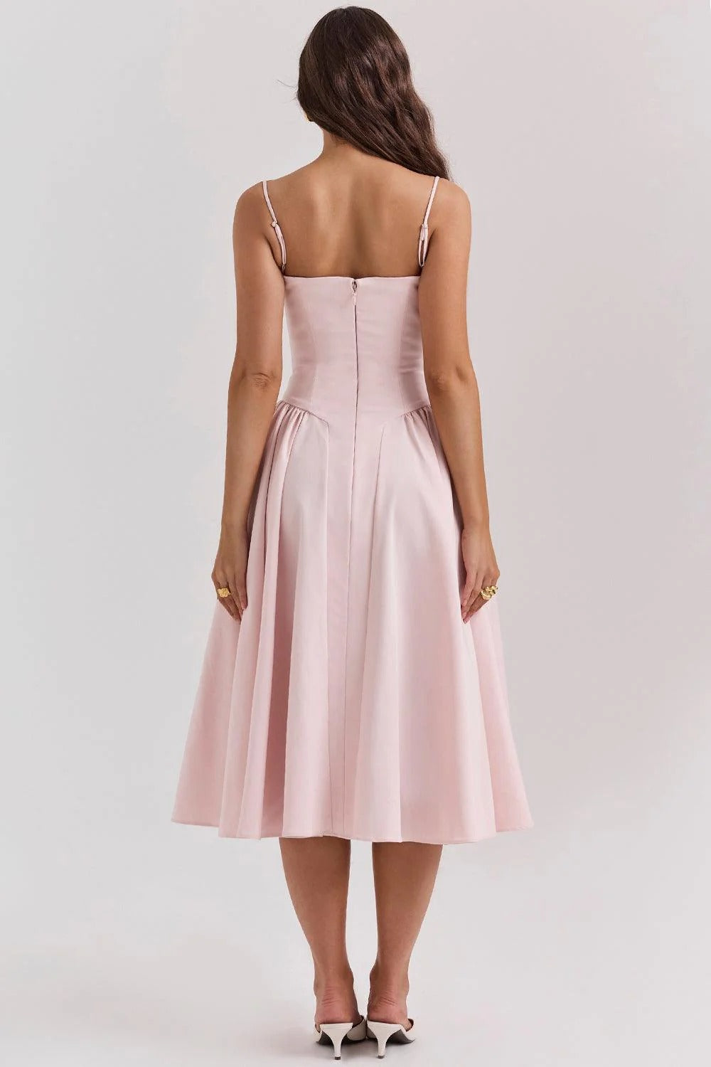 Women’s Spaghetti Strap Midi Dress with Sweetheart Neckline and Pleated Skirt