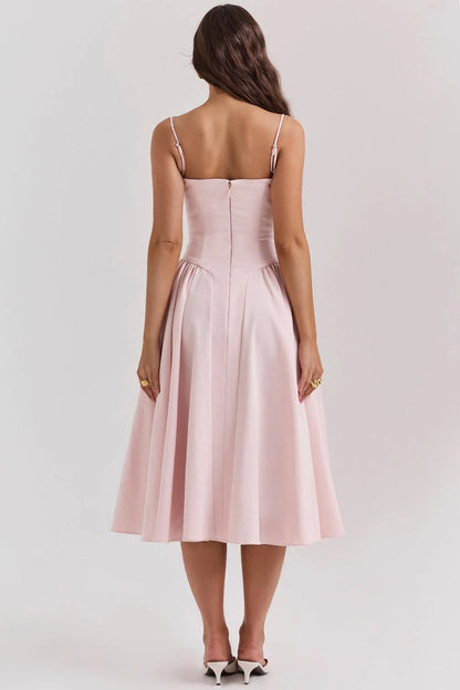 Women’s Spaghetti Strap Midi Dress with Sweetheart Neckline and Pleated Skirt