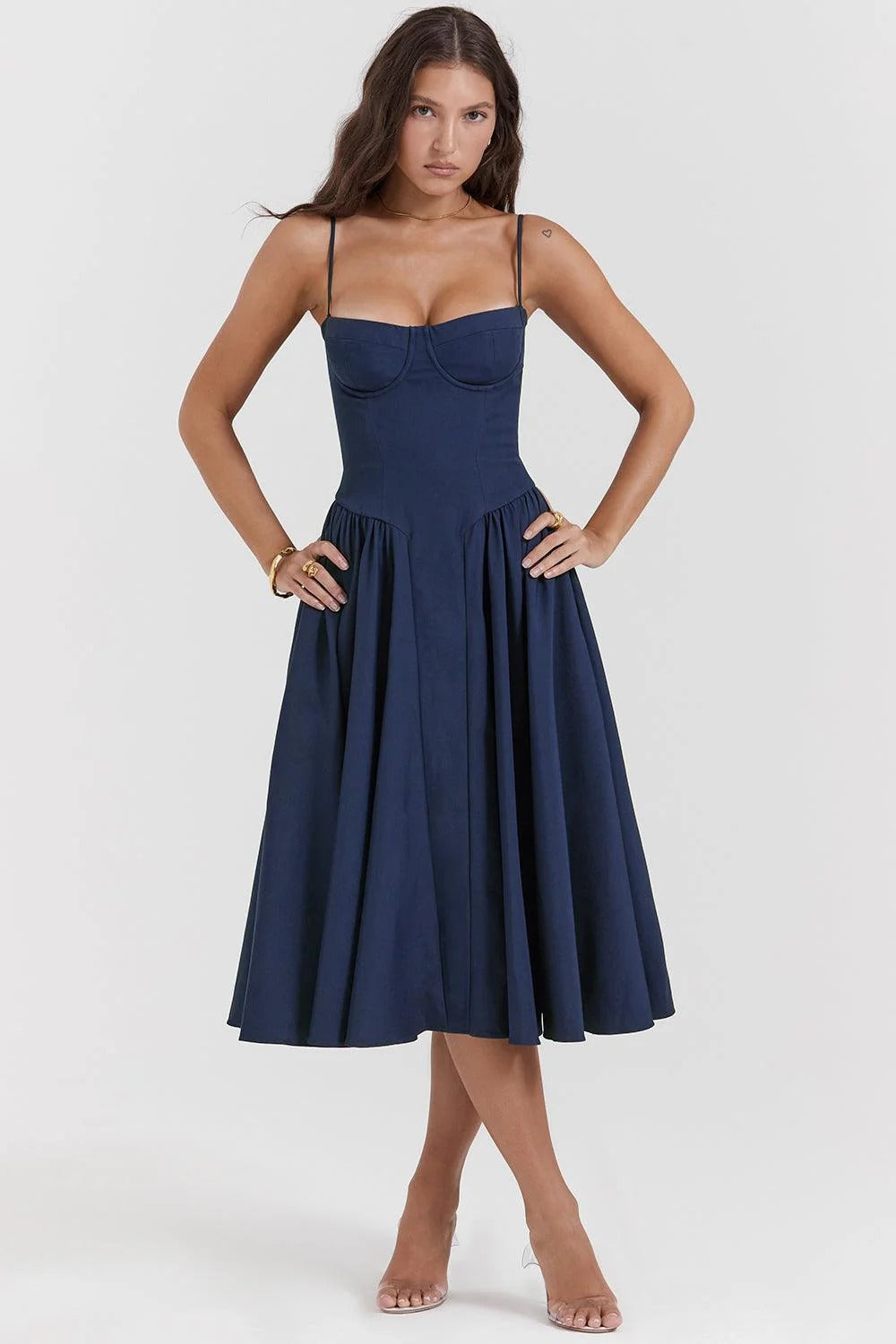 Women’s Spaghetti Strap Midi Dress with Sweetheart Neckline and Pleated Skirt