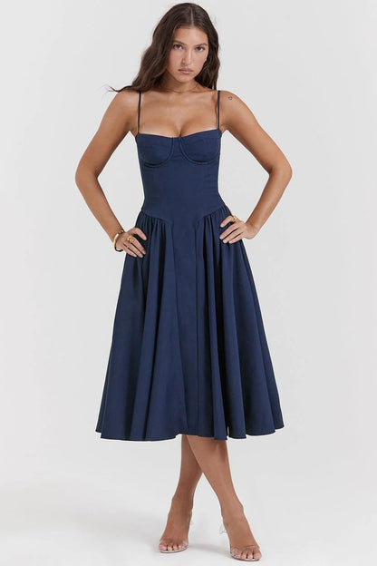 Women’s Spaghetti Strap Midi Dress with Sweetheart Neckline and Pleated Skirt