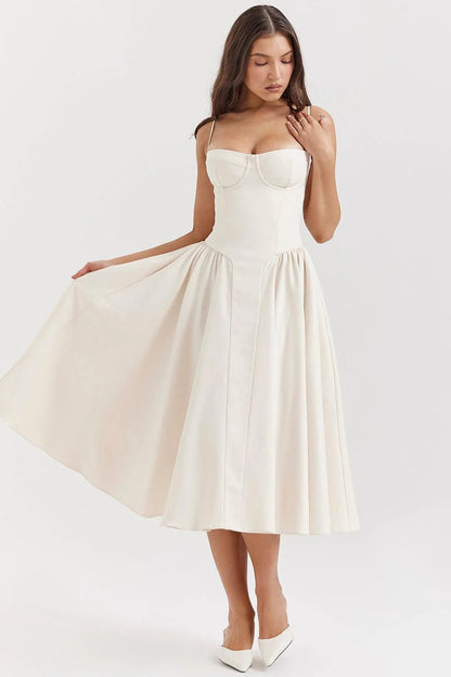 Women’s Spaghetti Strap Midi Dress with Sweetheart Neckline and Pleated Skirt