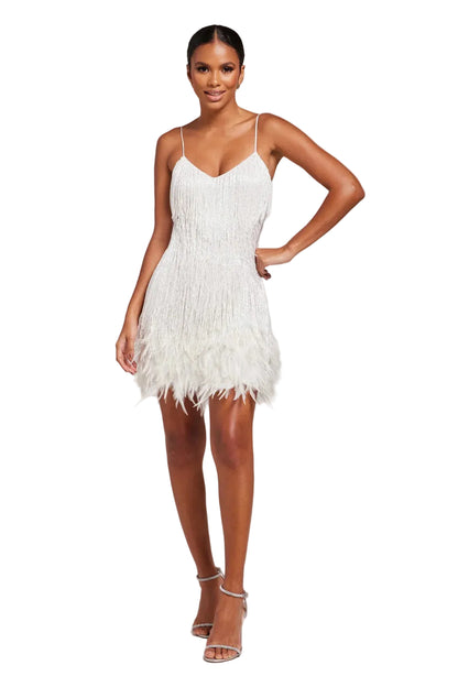 Women’s Spaghetti Strap Mini Dress with Fringe Detail and Feather Hem