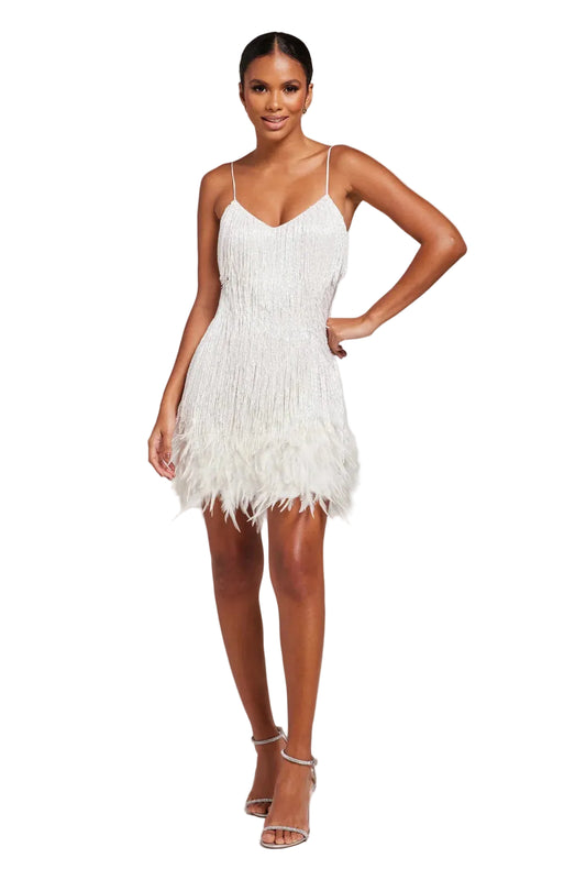 Women’s Spaghetti Strap Mini Dress with Fringe Detail and Feather Hem