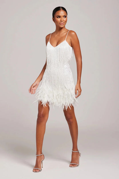 Women’s Spaghetti Strap Mini Dress with Fringe Detail and Feather Hem