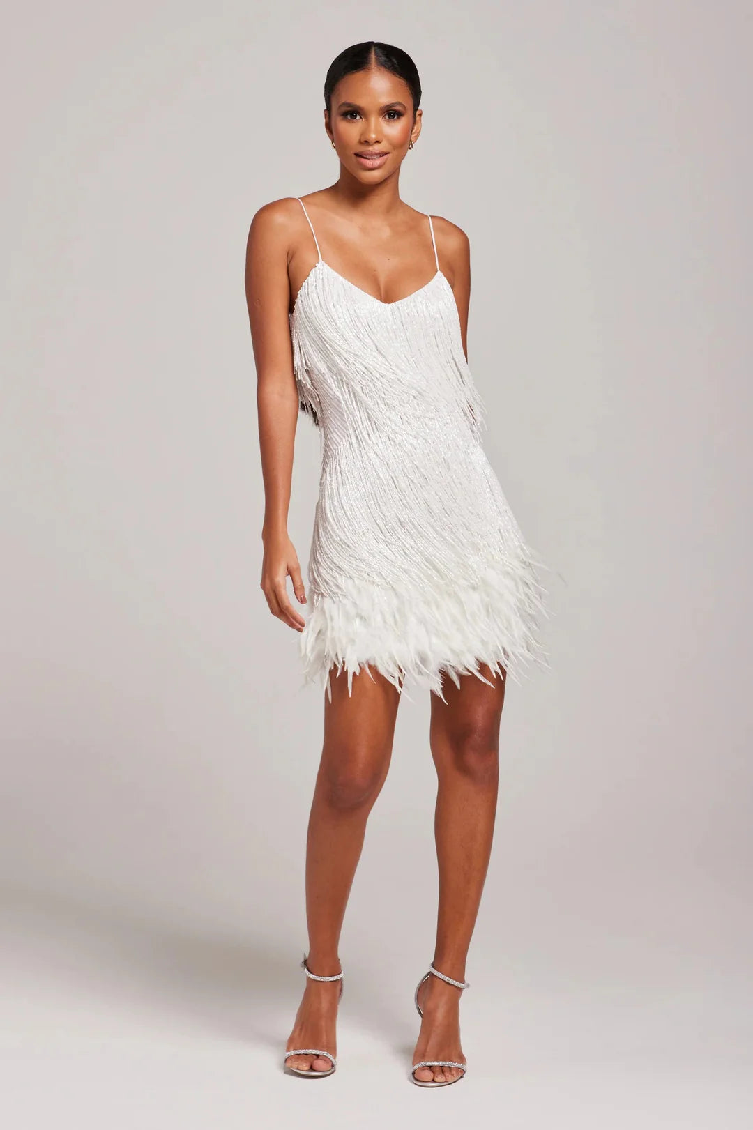 Women’s Spaghetti Strap Mini Dress with Fringe Detail and Feather Hem