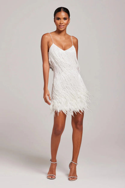 Women’s Spaghetti Strap Mini Dress with Fringe Detail and Feather Hem