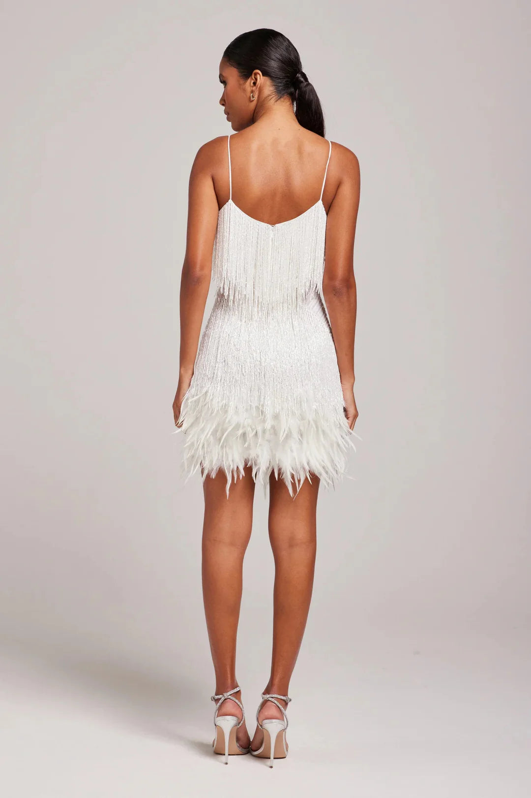 Women’s Spaghetti Strap Mini Dress with Fringe Detail and Feather Hem