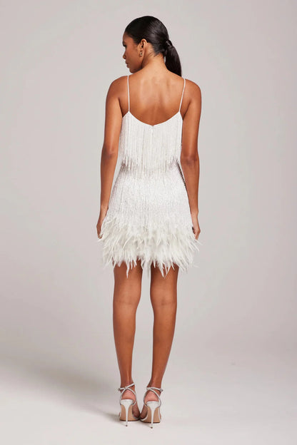 Women’s Spaghetti Strap Mini Dress with Fringe Detail and Feather Hem