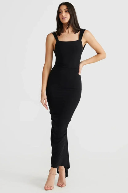 Women’s Square Neck Maxi Dress with Open Back and Ruched Back
