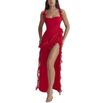 Women’s Square Neck Maxi Dress with Tie Straps and Ruffle Trim