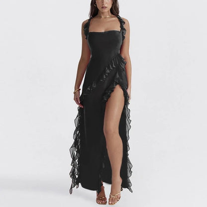 Women’s Square Neck Maxi Dress with Tie Straps and Ruffle Trim