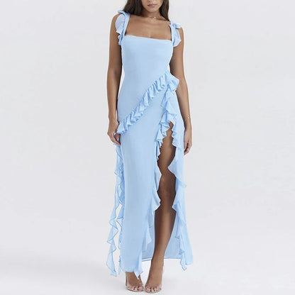 Women’s Square Neck Maxi Dress with Tie Straps and Ruffle Trim