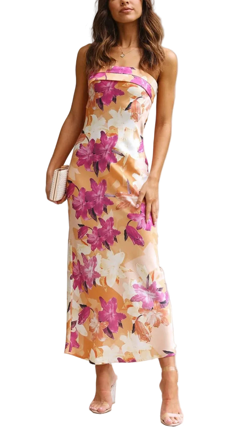 Women’s Strapless Maxi Dress with Straight Neckline and Floral Print