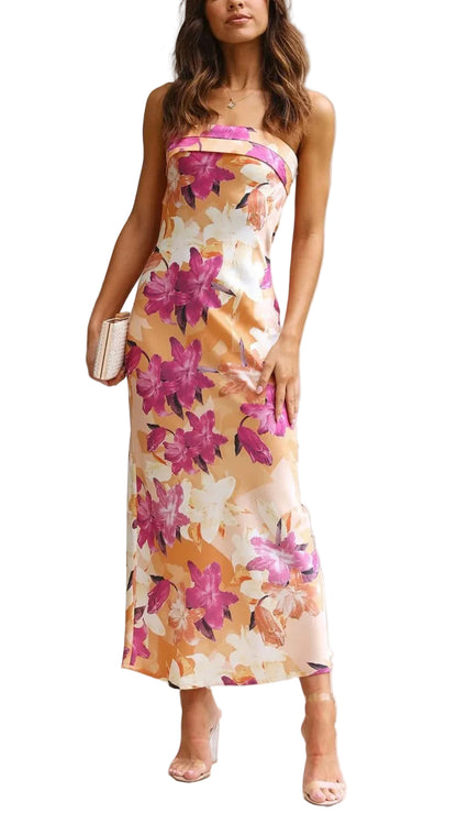 Women’s Strapless Maxi Dress with Straight Neckline and Floral Print