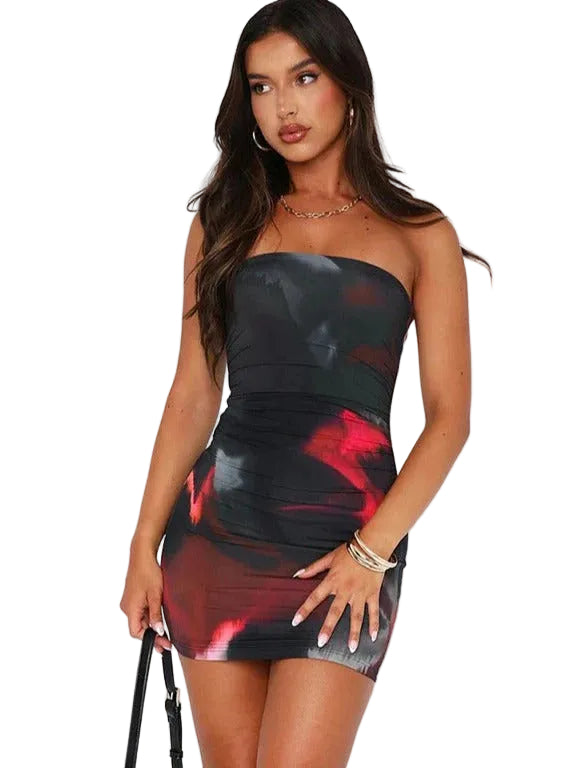 Women’s Strapless Mini Dress with Ruched Body and Abstract Print