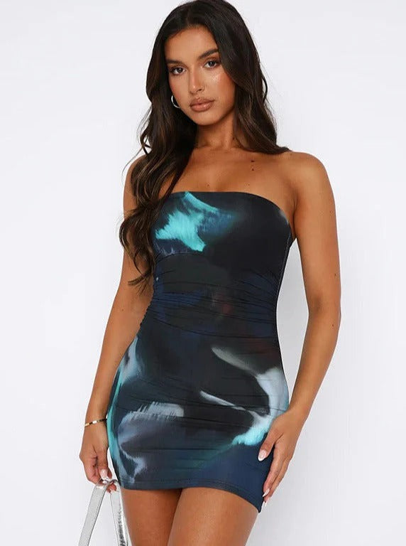 Women’s Strapless Mini Dress with Ruched Body and Abstract Print