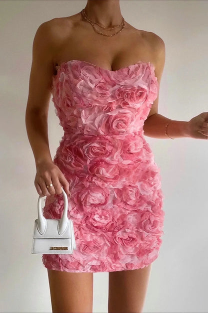 Women’s Strapless Mini Dress with 3D Floral Appliqué