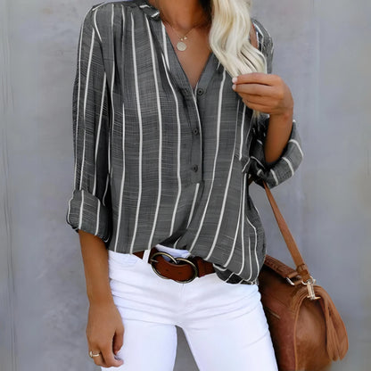 Women's Striped Blouse with V-Neckline and Long Sleeves