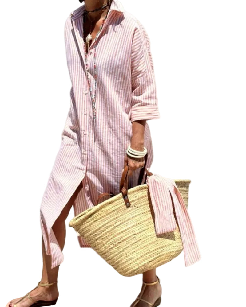 Women’s Striped Midi Dress with Button Front and Collar