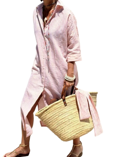 Women’s Striped Midi Dress with Button Front and Collar