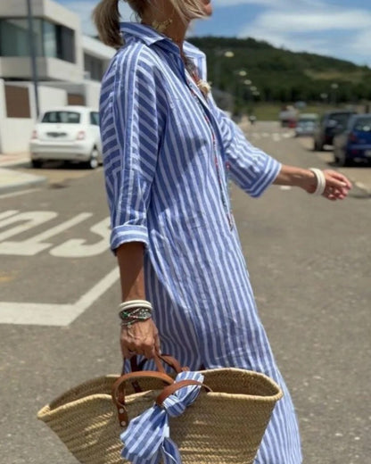Women’s Striped Midi Dress with Button Front and Collar