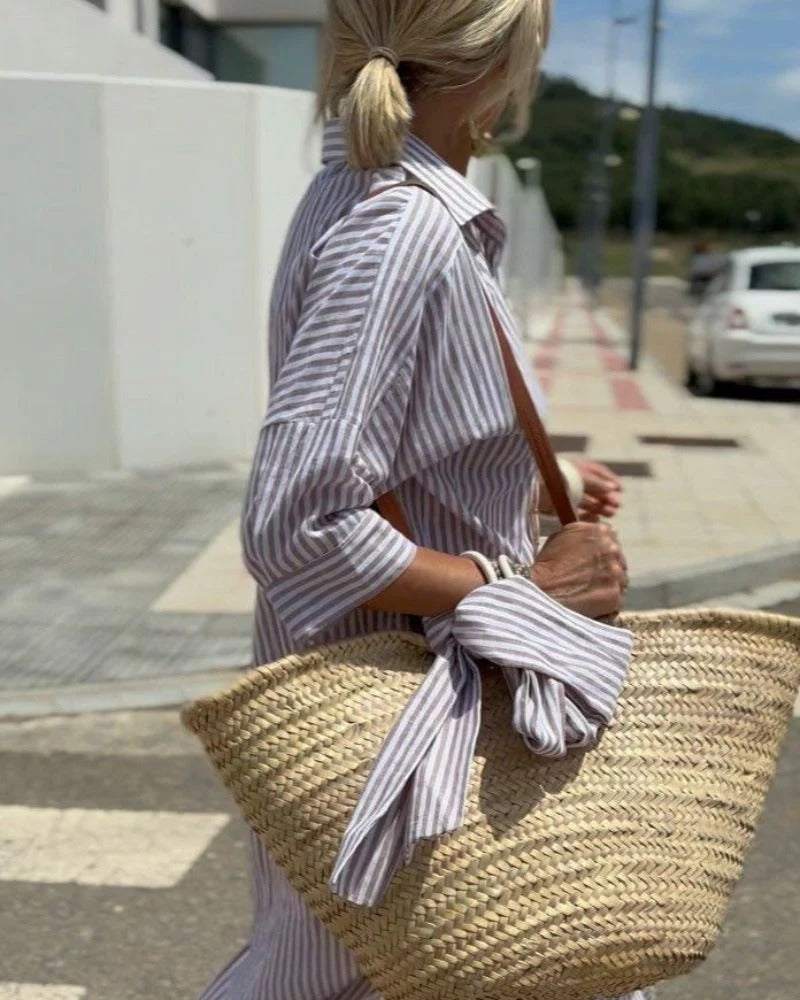 Women’s Striped Midi Dress with Button Front and Collar