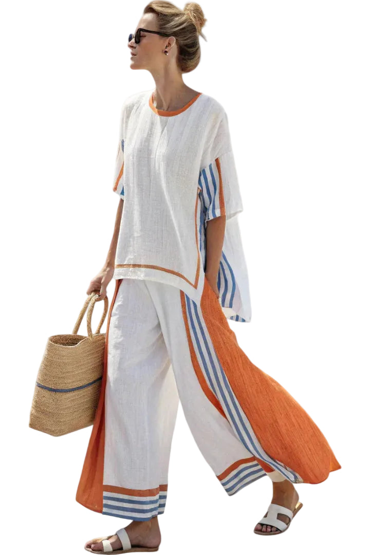 Women’s Striped Two Piece Loungewear Set with Wide Leg Pants