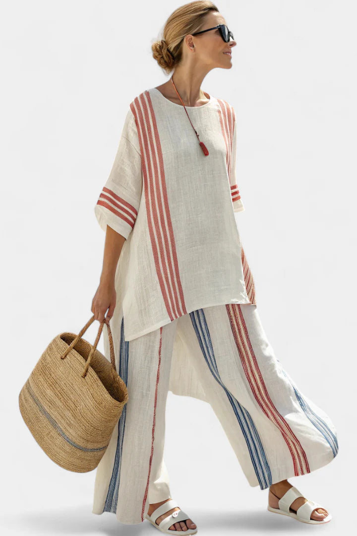 Women’s Striped Two Piece Loungewear Set with Wide Leg Pants