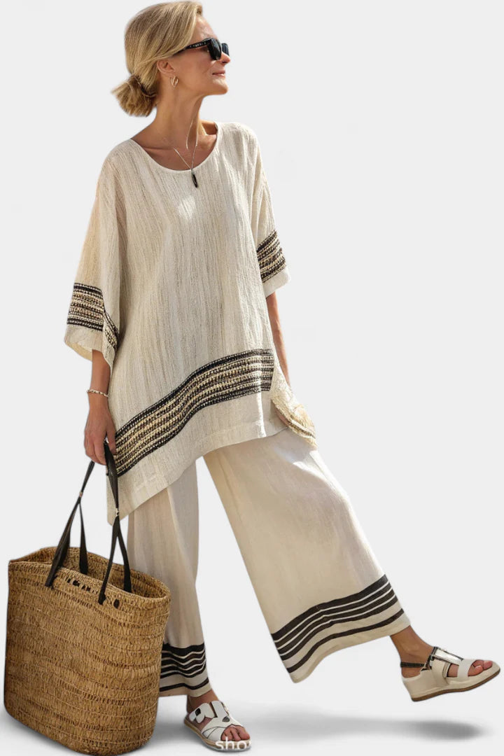 Women’s Striped Two Piece Loungewear Set with Wide Leg Pants