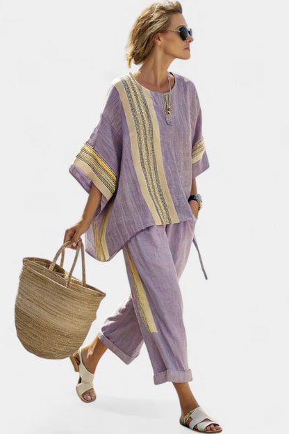 Women’s Striped Two Piece Loungewear Set with Wide Leg Pants
