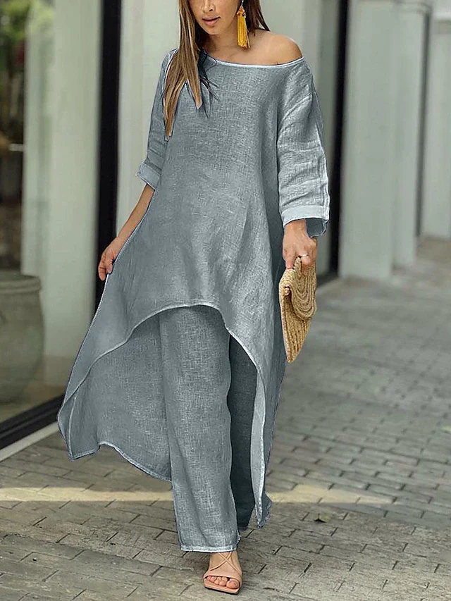 Women’s Two-Piece Set with Round Neck Longline Top and Straight Leg Pants