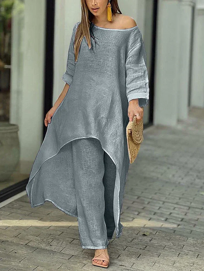Women’s Two-Piece Set with Round Neck Longline Top and Straight Leg Pants