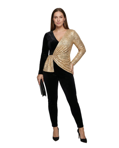 Women’s Two-Tone Long Sleeve Jumpsuit with Sequin Top