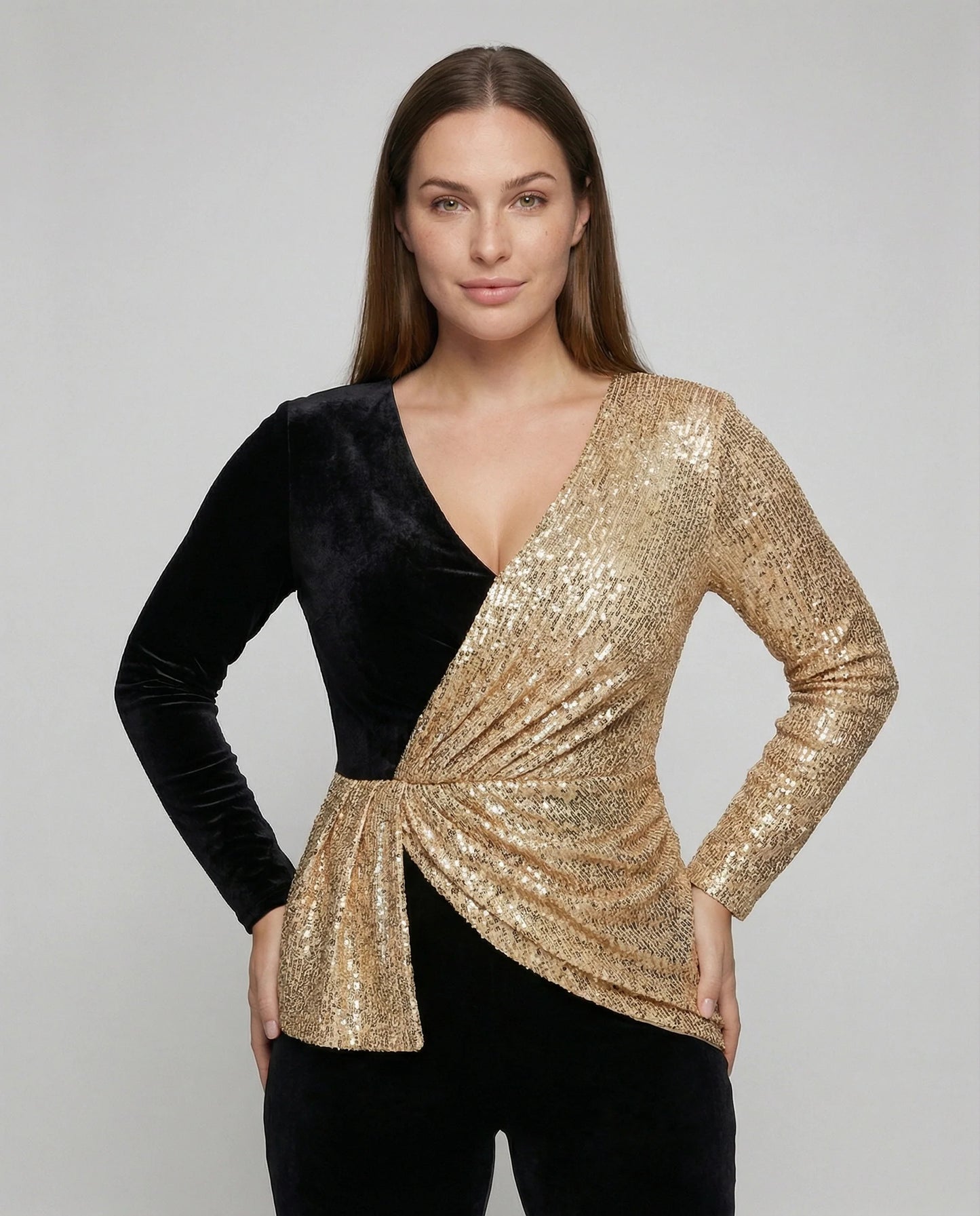 Women’s Two-Tone Long Sleeve Jumpsuit with Sequin Top
