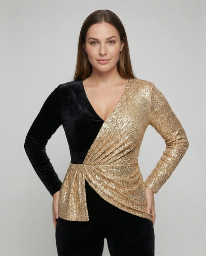 Women’s Two-Tone Long Sleeve Jumpsuit with Sequin Top