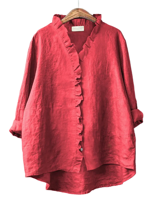 Women’s Blouse with V-Neckline Long Sleeves and Ruffle Trim