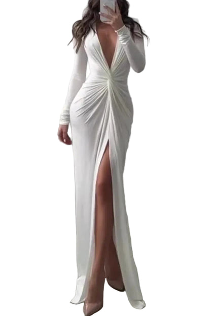 Women’s V-Neck Maxi Dress with Front Ruched Detail and High Slit