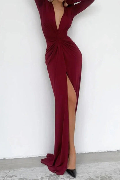 Women’s V-Neck Maxi Dress with Front Ruched Detail and High Slit