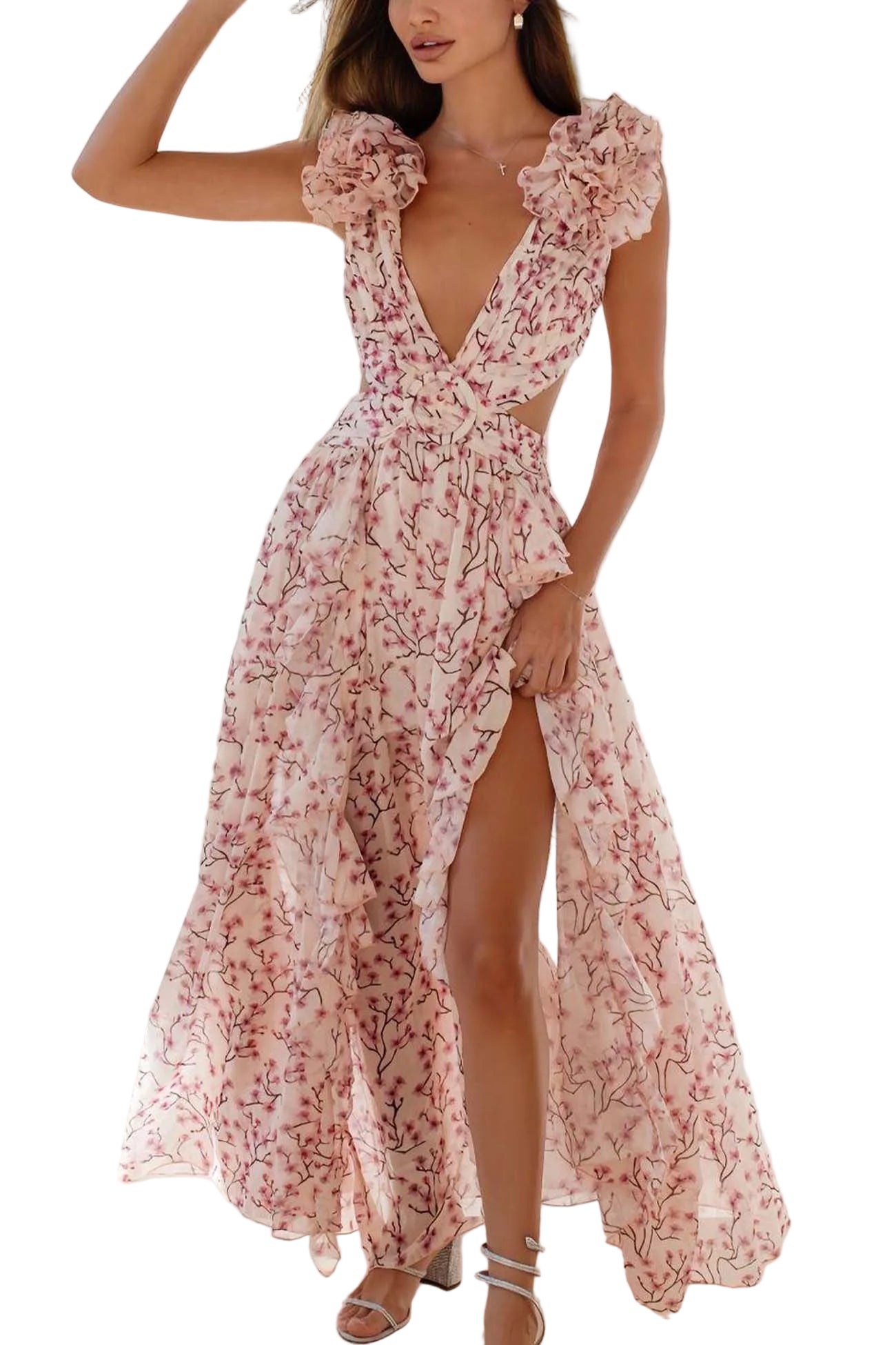 Women’s V-Neck Maxi Dress with Ruffle Sleeves and Floral Print