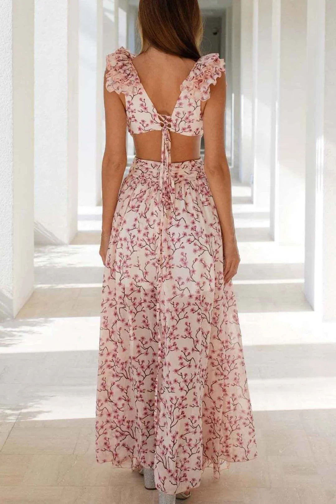 Women’s V-Neck Maxi Dress with Ruffle Sleeves and Floral Print